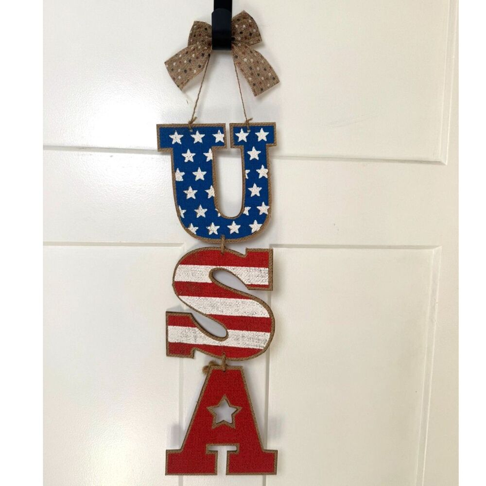 USA Patriotic Door Hanger Sign Burlap 4th Of July Americana Rustic Farmhouse